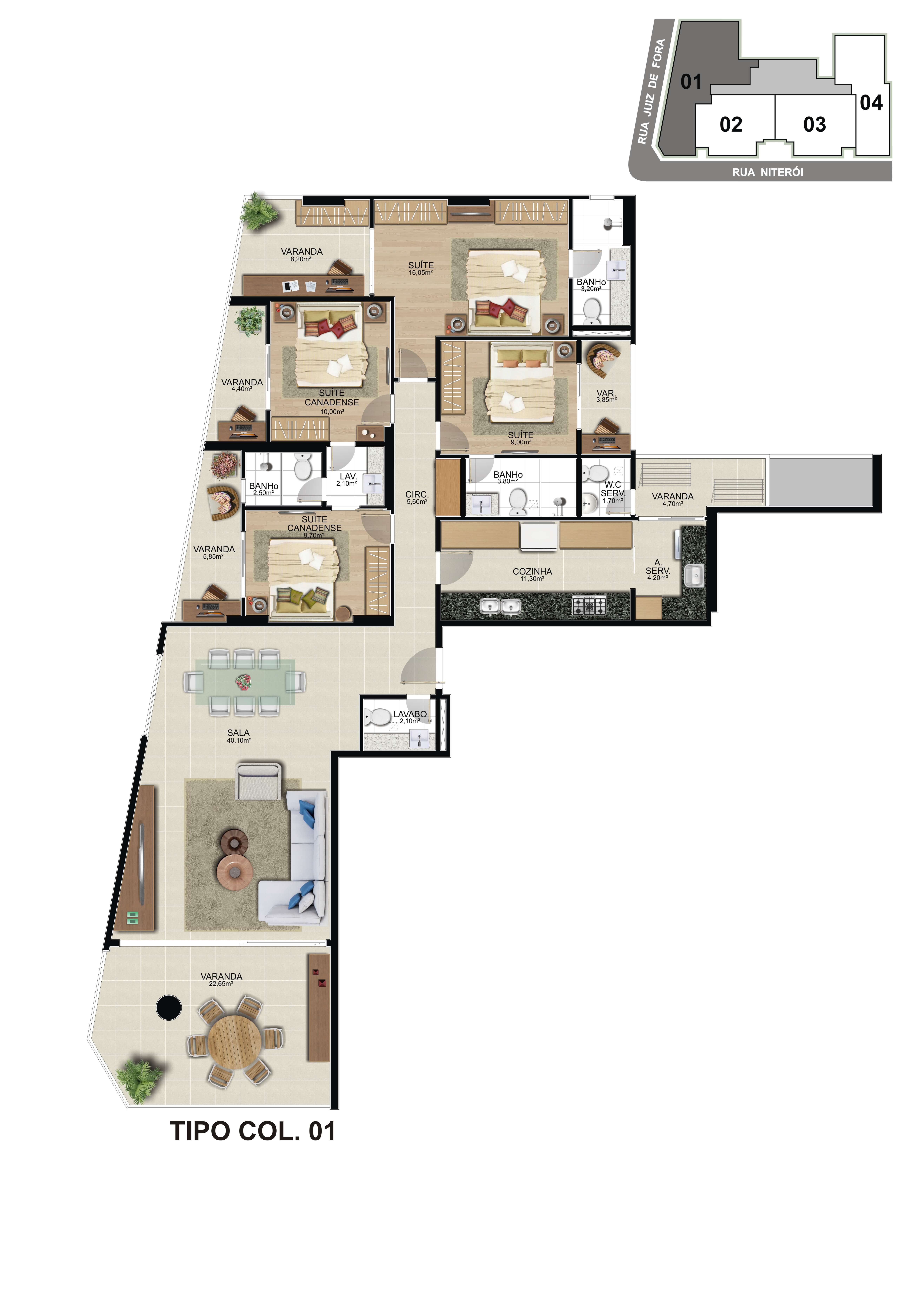 Planta do 5º pavimento tipo coluna 01 do Infinity Residence