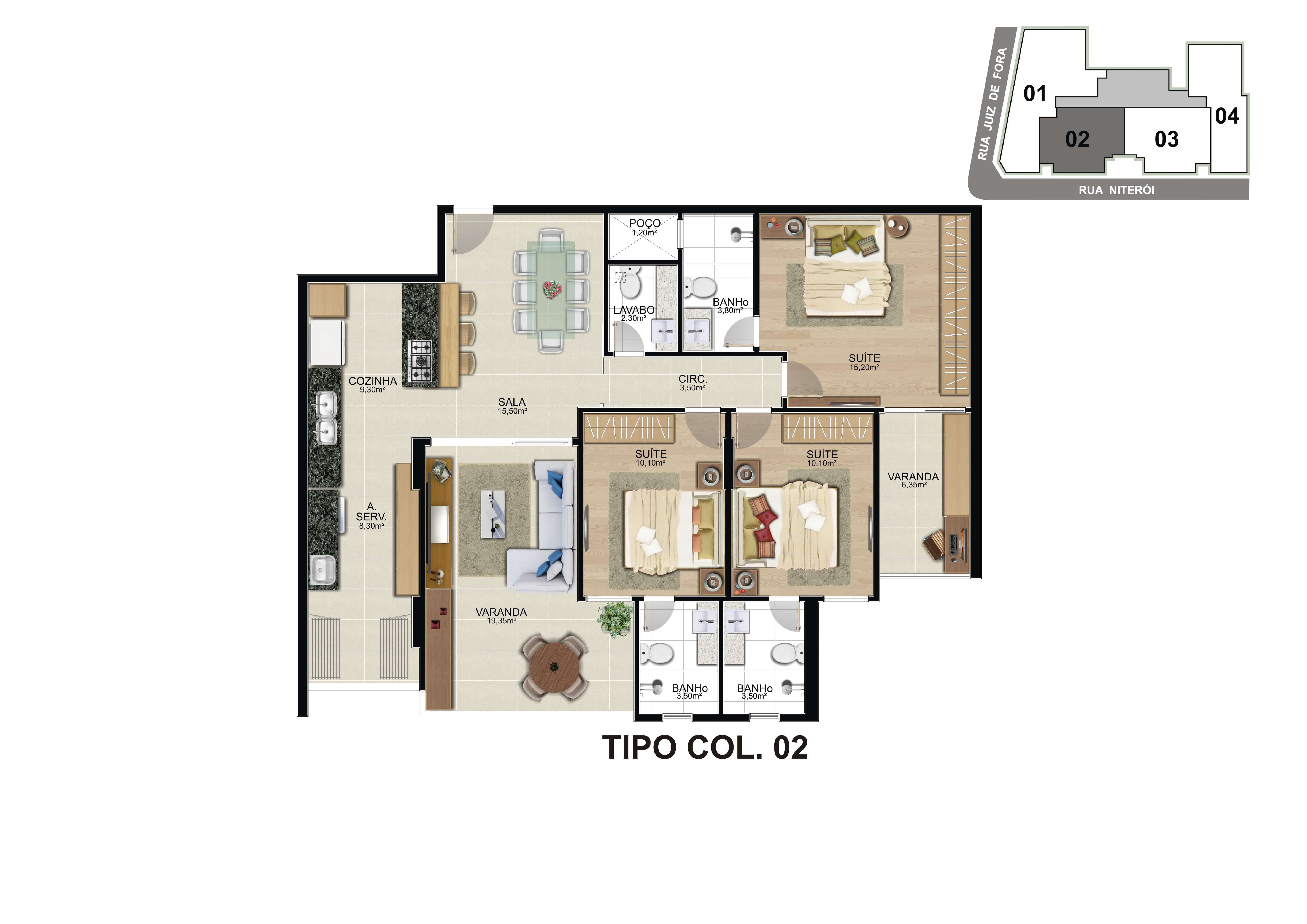 Planta do 5º pavimento tipo coluna 02 do Infinity Residence