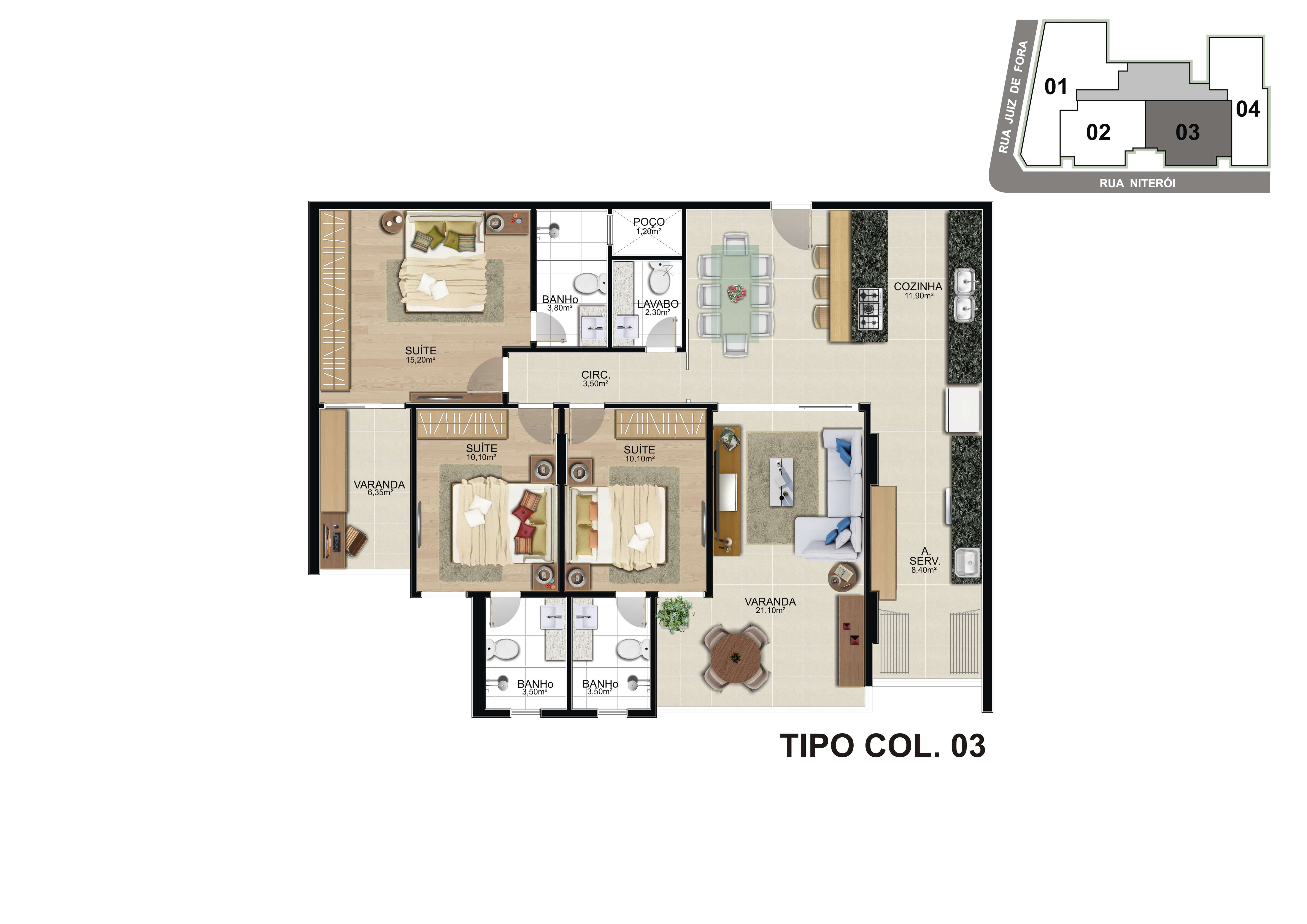 Planta do 5º pavimento tipo coluna 03 do Infinity Residence