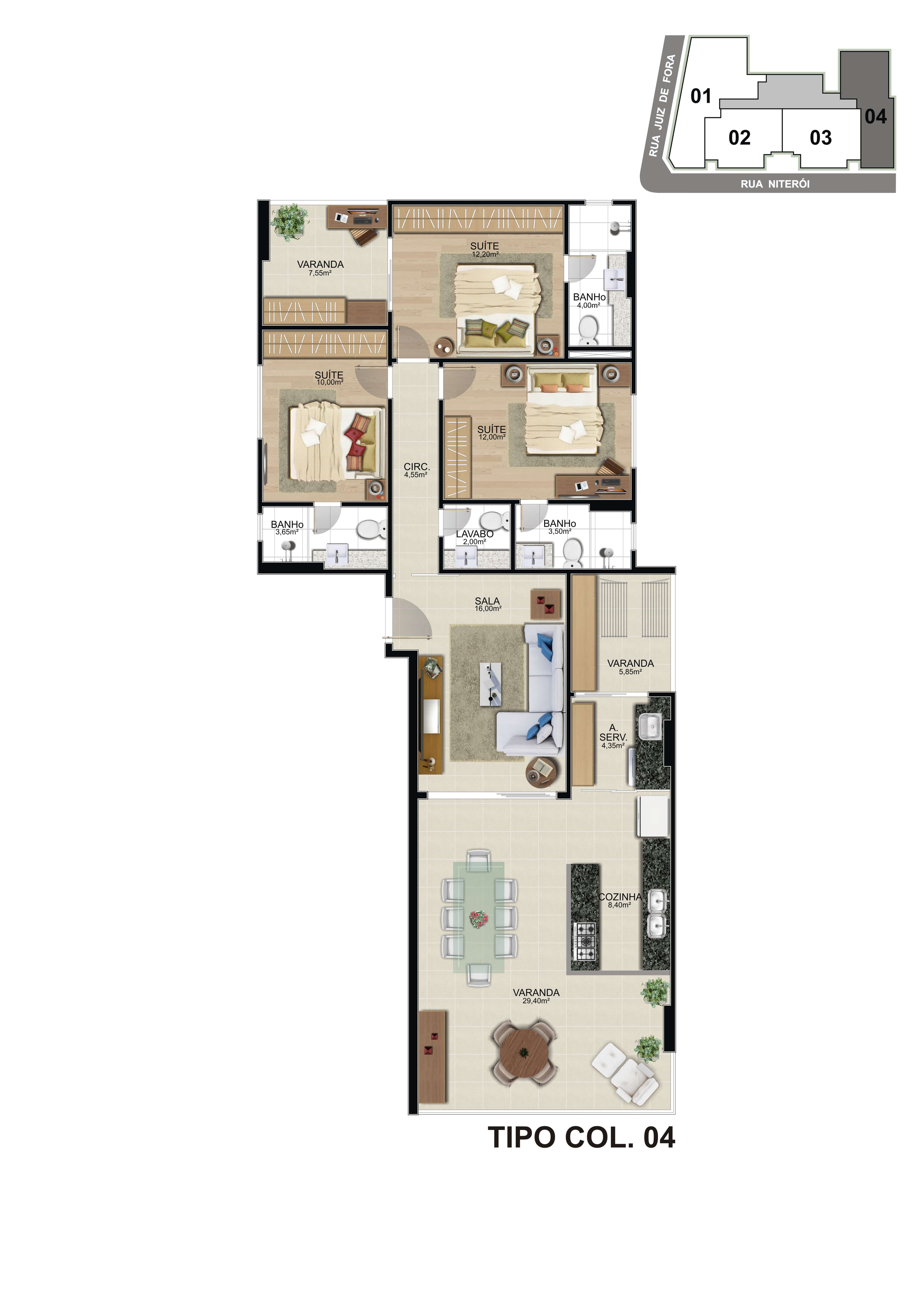 Planta do 5º pavimento tipo coluna 04 do Infinity Residence