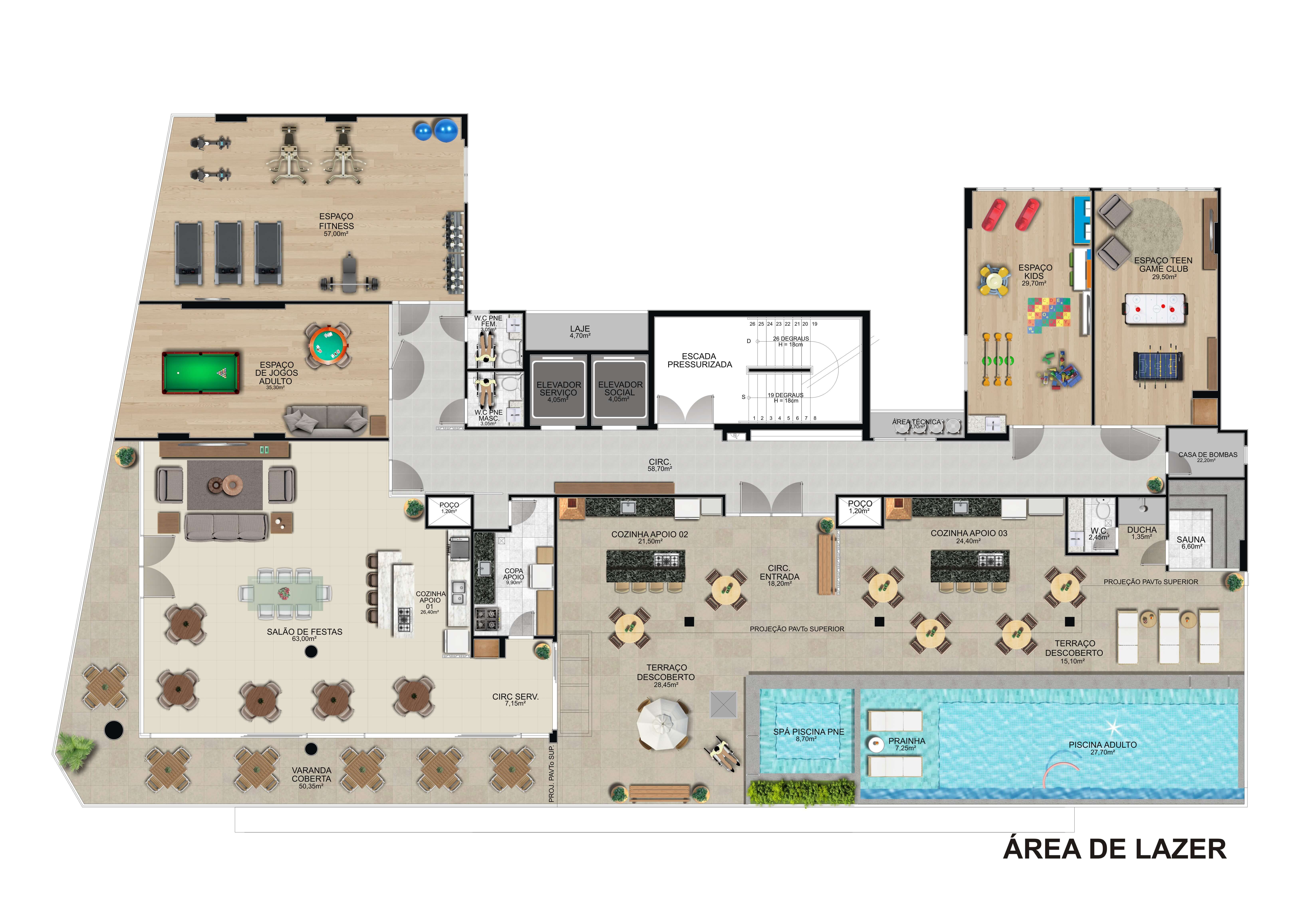 Planta do lazer da cobertura do Infinity Residence